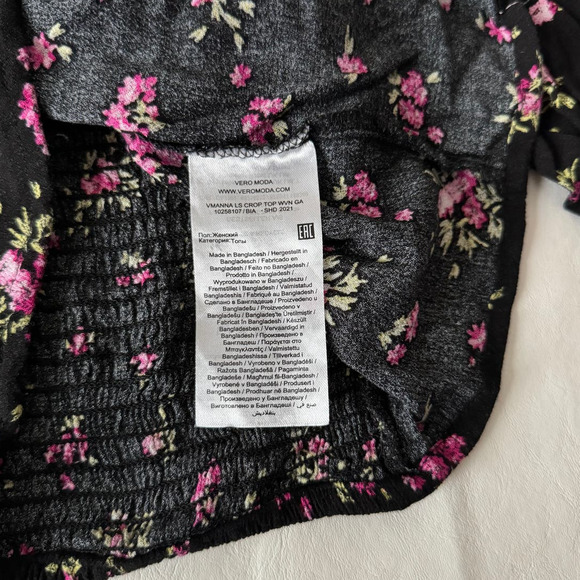 VERO MODA Anna Long Sleeve Crop Top in Black Aop Daisy Size XL - Picture 6 of 9